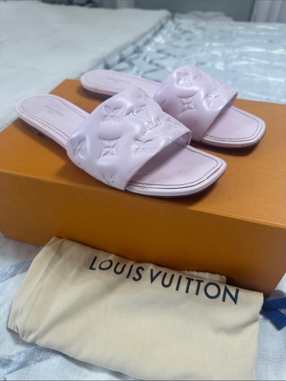 Louis Vuitton Light Pink Embossed Monogram Slide Sandals
